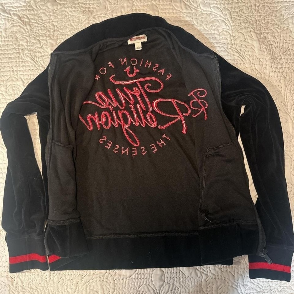 True Religon Velour Velvet Bomber Jacket Black & red zip-up jacket SMALL - Picture 5 of 8